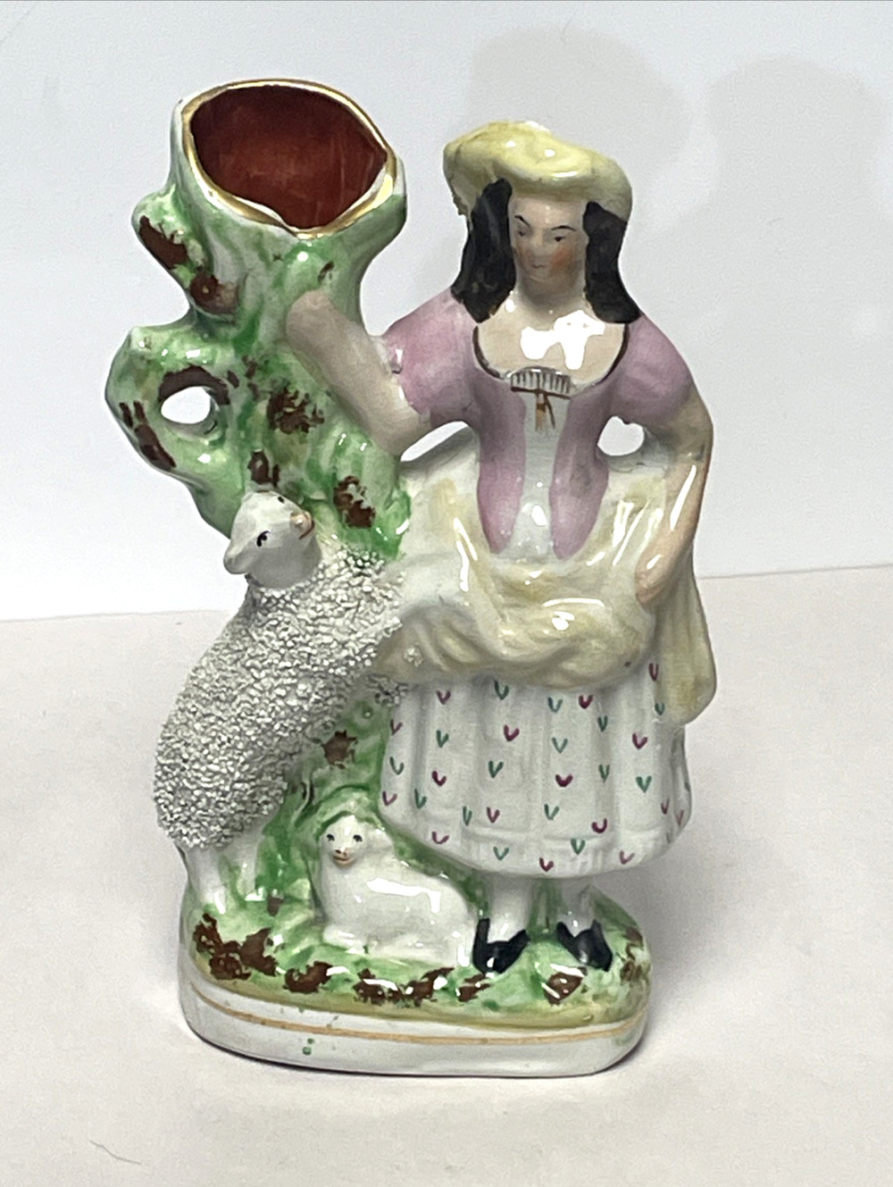 Antique Staffordshire Pottery Shepherdess and Sheep Spill Vase Figure 10" As Is